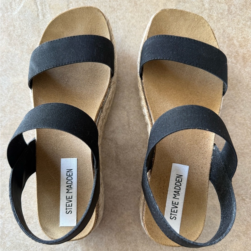Steve Madden Black Wedge Sandals - Jaklin Black Size 8 with Box Worn Once